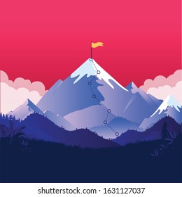 Mountain With Flag On Top. Large Mountain Higher Than The Clouds With Yellow Flag On The Summit. Red Sky In Background. Challenge Ahead And Road To Success Concept.