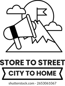 A mountain with a flag on top and a megaphone in front of it. The megaphone is pointing to the mountain, suggesting that the city to home is a place of adventure and excitement