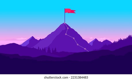 Montaña con bandera en la parte superior - Camino mostrando el camino al éxito en la cima de la montaña. Ilustración vectorial del concepto de estrategia y planificación vial