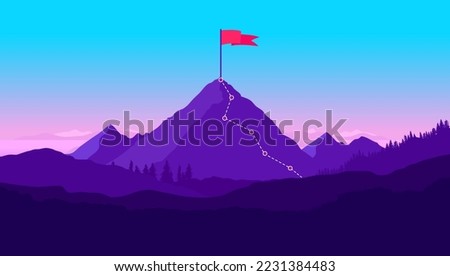Mountain with flag on top - Trail showing path to success on mountaintop. Strategy and road planning concept vector illustration