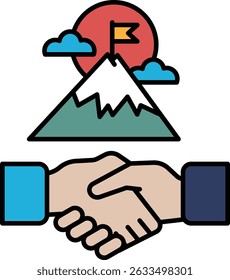 A mountain with a flag on top and two hands shaking. Concept of overcoming challenges and working together to achieve success