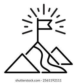 A mountain with a flag at its peak, symbolizing personal achievement, ambition, and vision, round line vector icon with editable stroke