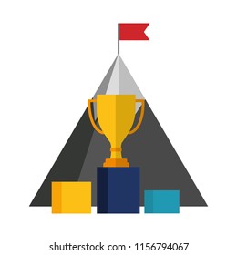 mountain with flag and trophy cup in podium