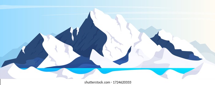 Mountain flat color vector illustration. Wild nature scenery. Ice peak view. Glacier in water. Hills on horizon. 2D cartoon winter landscape with snow rocks and blue sky on background