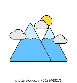 Mountain Flat design style, blue mountain peaks with clouds and sun, representing terrain or adventure, ideal for travel or nature graphics.
