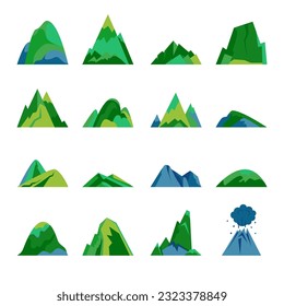 Juego de iconos planos de montaña. Símbolos rocosos y montañosos, volcán. Ilustración vectorial.