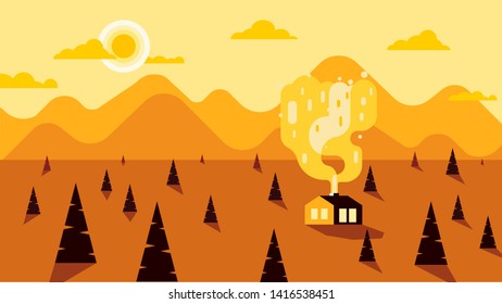 mountain flat landscape. Flat design rural landscape illustration with a country house, arable land, hills and mountains.  village scene country side view