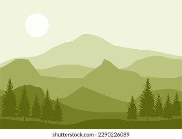 mountain flat landscape vector illustration. Vector horizontal landscape with fog, forest, mountains and morning sunlight. Illustration of panoramic view, mist and silhouettes mountains.