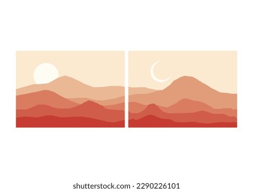 mountain flat landscape vector illustration. Vector horizontal landscape with fog, forest, mountains and morning sunlight. Illustration of panoramic view, mist and silhouettes mountains.
