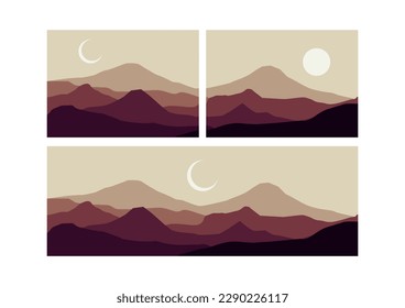 mountain flat landscape vector illustration. Vector horizontal landscape with fog, forest, mountains and morning sunlight. Illustration of panoramic view, mist and silhouettes mountains.
