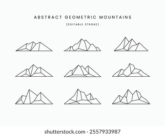 Mountain flat line icons set. Abstract mountains, ridge, rock vector illustrations. Editable stroke