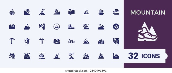 Mountain flat solid icon set. Featuring graphic, rock, hill, art, climb, mountains, adventure, climbing. Filled icon collections. Editable vector illustration.