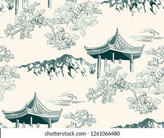 Mountain Flower Blossom Arbor Nature Landscape View Vector Sketch Illustration Japanese Chinese Oriental Line Art Ink Seamless Pattern