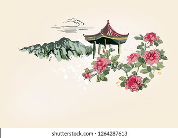 mountain flower blossom arbor nature landscape view vector sketch illustration japanese chinese oriental line art ink card background