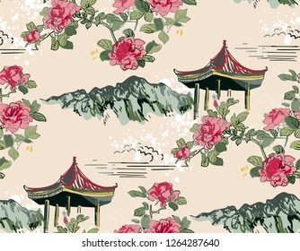 Mountain Flower Blossom Arbor Nature Landscape View Vector Sketch Illustration Japanese Chinese Oriental Line Art Ink Seamless Pattern