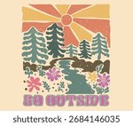 Mountain with flower graphic artwork for sticker, poster, background. Adventure vintage print design for t shirt and others.