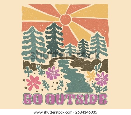 Mountain with flower graphic artwork for sticker, poster, background. Adventure vintage print design for t shirt and others.