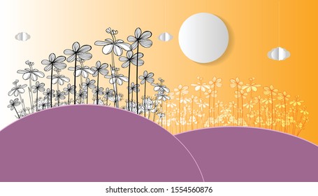 Mountain flower landscape with clear weather. Black and white stripes and paper art concept.vector art and illustration.