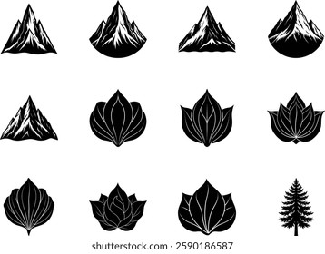 Mountain, Flower, and Tree Silhouette Logo Designs Vector Icons