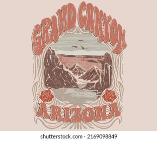 Mountain with flower  t-shirt design. Grand canyon vector graphic print design for apparel, stickers, posters, background and others. Wild lake vintage artwork.