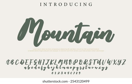 Fonte de montanha Pincel elegante pintado com letras maiúsculas vetoriais, alfabeto, fonte