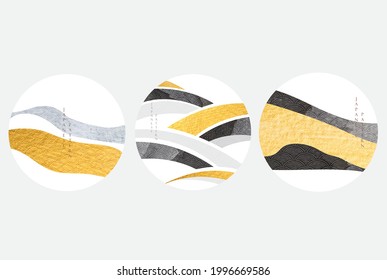 Fondo forestal de montaña con vector de decoración paisajística abstracta. Diseño de banner oriental con logotipo de textura dorada y negra en estilo vintage. 