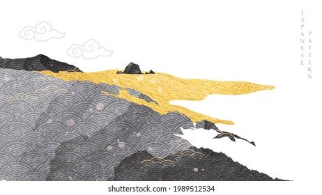 Bergwaldhintergrund mit goldener und schwarzer Textur, Vektorgrafik. Natürliches Landschaftsbanner-Design mit japanischem Wellenmuster im Vintage-Stil. 