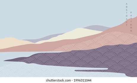 Mountain forest background with Japanese pattern vector. Natural landscape with desert banner design.