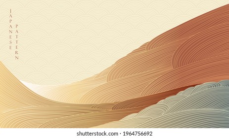 Mountain forest background with line pattern vector. Abstract  landscape banner design with hand draw wave decoration in vintage style. 