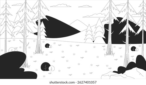 Esvaziamento de floresta de montanha com pinheiros e colinas linha de ilustração pano de fundo. Paisagem florestal. Florestas naturais. Cenário ao ar livre 2D tinta contorno monocromático fundo. Vetor linear