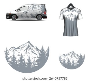 Mountain and forest design on a van, t-shirt, and circular logo. Perfect for outdoor brands.