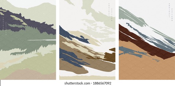 Mountain forest elements with abstract background illustration. Japanese wave pattern with art landscape banner.