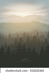 mountain forest in fog and sunrise with stars
