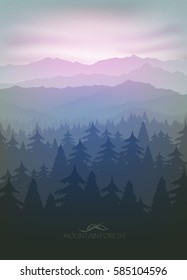 mountain forest in fog and sunrise with stars