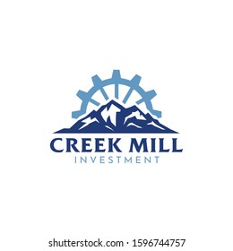 Mountain Forest with Gear Cog, River Creek Water Mill Wheel logo design 