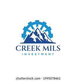 Mountain Forest with Gear Cog, River Creek Water Mill Wheel logo design 