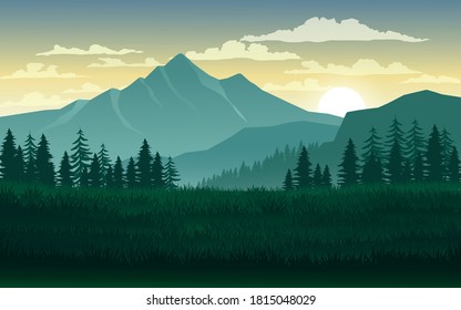 Mountain and forest with grassland in sunset