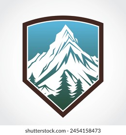 montaña con diseño de logotipo de escudo de heráldica forestal