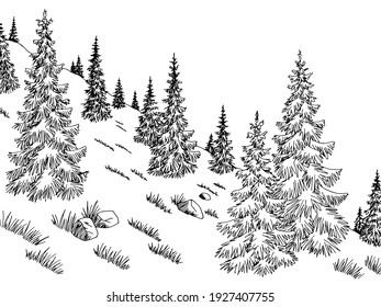 Mountain Forest Hill Graphic Black White Landscape Sketch Vector