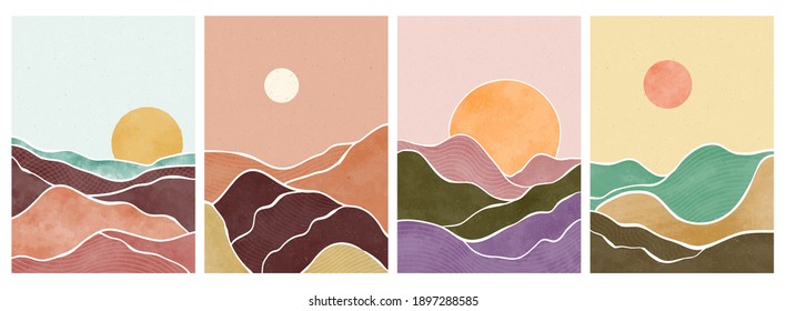 Mountain, forest, hill, wave, sun and moon on big set. Mid century modern minimalist art print. Abstract contemporary aesthetic backgrounds landscape. vector illustrations