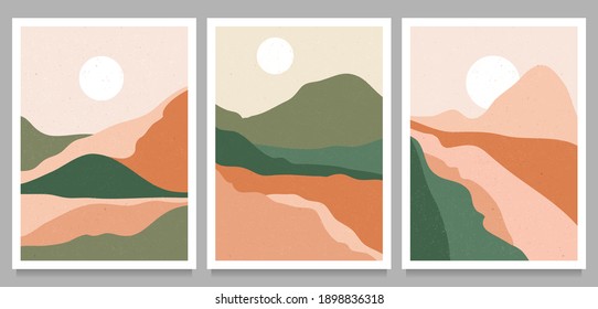 Montaña, bosque, colina, ola, sol y luna en un gran set. Impresión moderna de arte minimalista de mediados de siglo. Resumen del paisaje estético contemporáneo. ilustraciones vectoriales