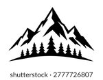 Mountain forest icon in black minimalist silhouette style with sharp snowy peaks, pine trees, and clean outdoor landscape shape. Isolated on white background, suitable for travel branding, hiking logos, camping stickers, adventure prints, wall art, and nature themed graphic design.