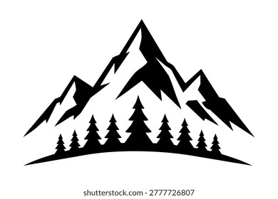 Mountain forest icon in black minimalist silhouette style with sharp snowy peaks, pine trees, and clean outdoor landscape shape. Isolated on white background, suitable for travel branding, hiking logos, camping stickers, adventure prints, wall art, and nature themed graphic design.