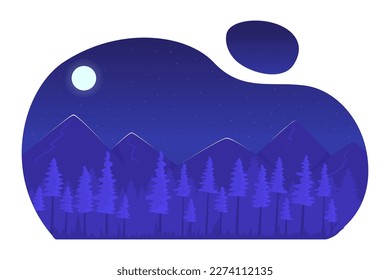 Mountain forest illuminated by moonlight 2D vector isolated spot illustration. Nighttime nature flat landscape on cartoon background. Colorful editable scene for mobile, website, magazine