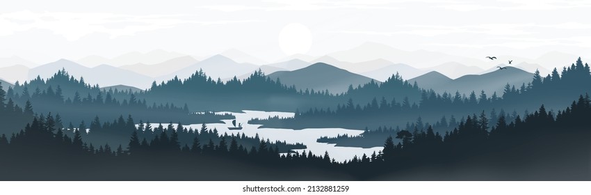 
mountain forest and lake in the morning and sunset