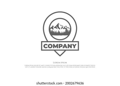 Mountain Forest Lake River with Pin Map Location for Travel Location Adventure Logo Design Vector