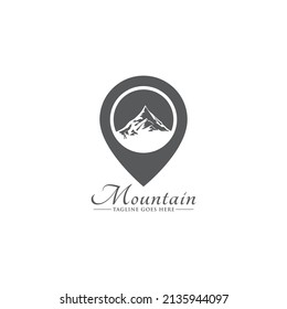 Montaña Forest Lake River con Pin Map Location for Travel Location Adventure Logo Design Vector