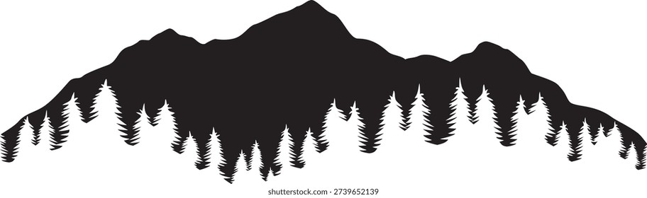 Mountain and Forest Landscape Black and White. Vector Illustration.