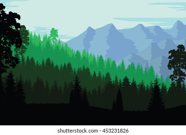 Mountain and forest landscape in day, in green tone. Flat landscape. Vector illustration. 