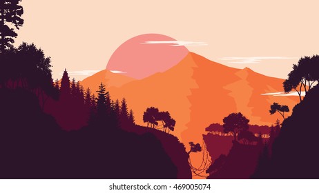 Mountain and forest landscape in day, in warm tone. Flat landscape. Vector illustration.